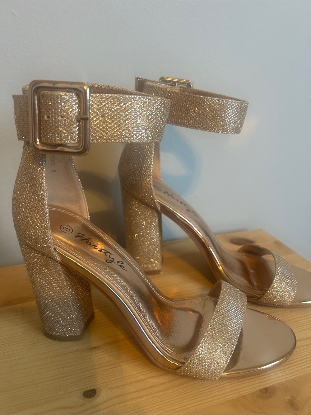 Herstyle Gold Glitter Ankle-Strap Block Heels- size 8